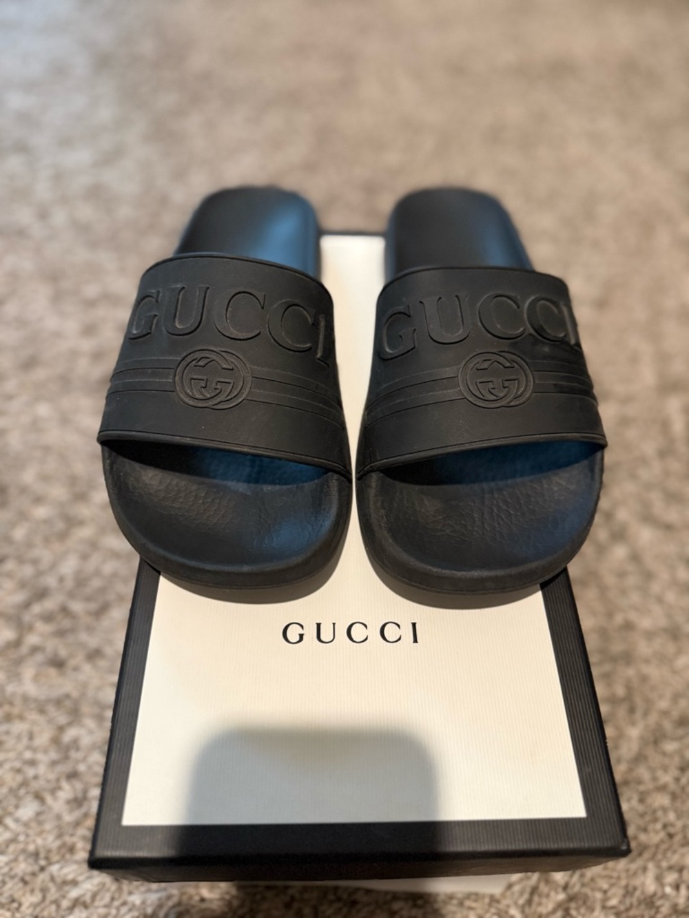 Gucci Black Rubber Slide Sandal with Logo Print